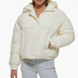 NWT 🍋 LEVI'S 🍋 Cinched Cream Puffer Jacket, Women's Small w/Hood Viral, 🎄🎁